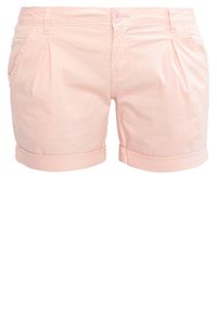 Krátké kalhoty broskvové barvy s hladkou texturou, předními záhyby, zapínáním na knoflíky a ohrnutými lemy. Ležérní design s bočními kapsami.