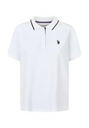Hvid kortærmet polo med sortstribet krave, treknappet stolpelukning og lille sort broderet poloenspillerlogo på brystet.