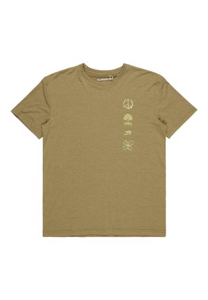 Olive green cotton t-shirt featuring a round neck, short sleeves, and a vertical design of light green symbols on the left side.