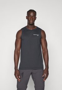 Dark gray sleeveless athletic shirt, made of textured fabric, features a crew neck and a small printed logo on the upper left side.