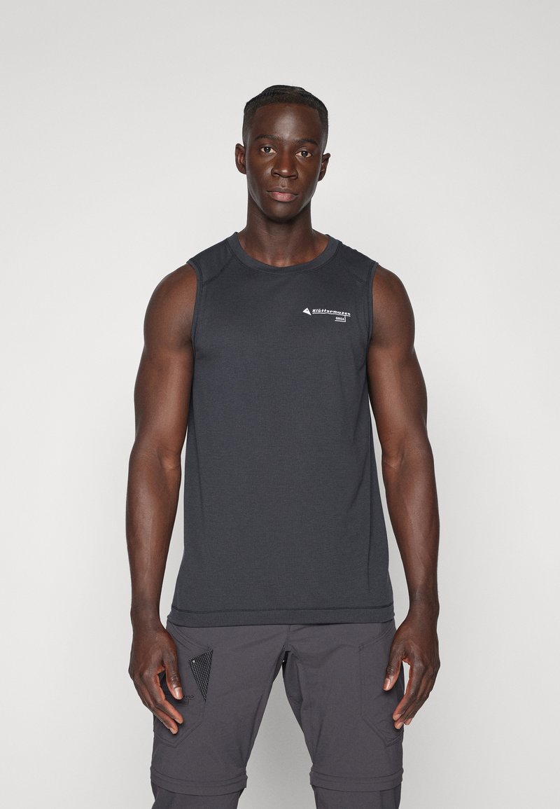 Dark gray sleeveless athletic shirt, made of textured fabric, features a crew neck and a small printed logo on the upper left side.