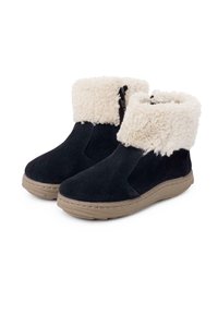Stivaletti neri in suede con un bordo pieghevole in finta pelliccia color crema e dettagli con zip, dotati di una suola in gomma color tan e rifiniture cucite.
