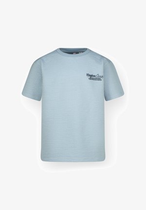 Hellblaues strukturiertes T-Shirt mit kurzen Ärmeln und dem Schriftzug "Vingino Ocean" in Marineblau auf der linken Brust.
