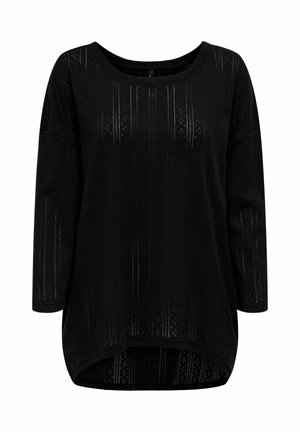 Haut noir à manches longues avec un décolleté ras du cou, ornée de motifs à rayures verticales. Texture douce et ourlet arrondi avec une coupe décontractée.