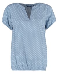 Blusa blu chiaro a maniche corte con scollatura a V, caratterizzata da un sottile motivo floreale bianco e un orlo elasticizzato per una vestibilità comoda.
