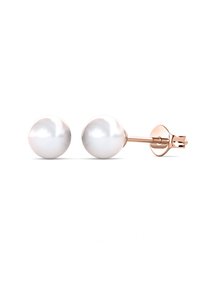 Orecchini a perla rotondi con una superficie bianca liscia e lucida e un retro in oro rosa. Ogni perla è uniforme in dimensione e forma.