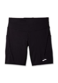 Shorts de sport noirs en matériau extensible, dotés d'une taille haute, de poches latérales et d'un logo discret sur la jambe gauche.