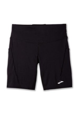 Black athletic shorts made from stretchy material, featuring a high waistband, side pockets, and a subtle logo on the left leg.