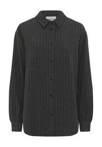Camicetta button-up a maniche lunghe grigio scuro con sottili righe verticali bianche e colletto a punta.