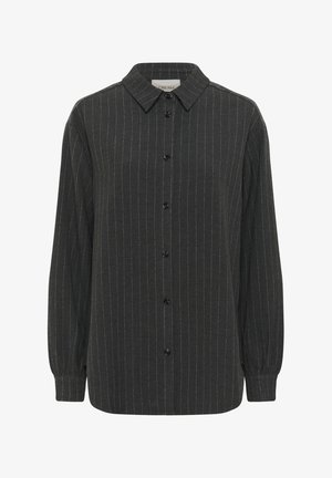 Tamno sivi dugih rukava košulja s gumbima, sa suptilnim bijelim okomitim prugama i oštrim kragnom.
