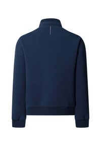 Marineblauwe sweatshirt met lange mouwen, geribbelde manchetten en zoom, met kleine verticale tekst "Hackett Sport" op de bovenrug onder de kraag.