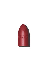 Czerwony szmineczka w formie pocisku, z wyprofilowanym czubkiem i matowym wykończeniem, z wygrawerowanym logo "REVLON". Gładka tekstura, cylindryczny kształt.