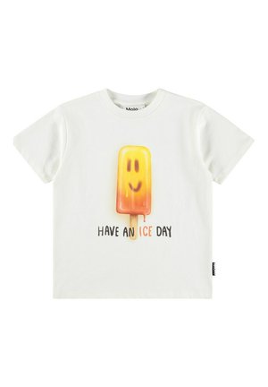 T-shirt in cotone bianco con grafica colorata di un ghiacciolo con un volto sorridente e il testo "HAVE AN ICE DAY" sotto. Maniche corte.
