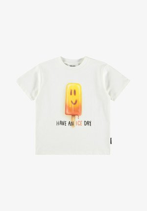 T-shirt in cotone bianco con grafica colorata di un ghiacciolo con un volto sorridente e il testo "HAVE AN ICE DAY" sotto. Maniche corte.
