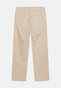 Beige kordfløyelsbukser med rett ben-design, som har to baklommer og et teksturert stoff. Renn, minimalistisk stil uten pynt.