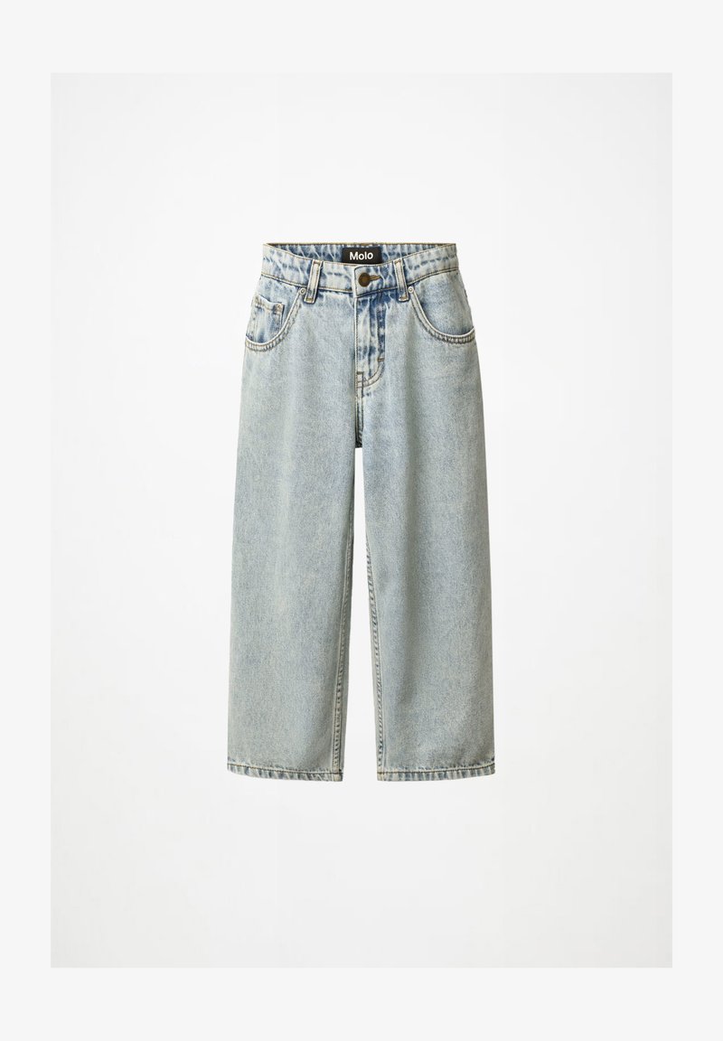 Ανοιχτό μπλε τζιν culottes με ψηλή μέση, διαθέτουν κουμπί κλεισίματος, μπροστινές τσέπες και χαλαρή εφαρμογή. Ξυσμένη υφή στο ύφασμα.