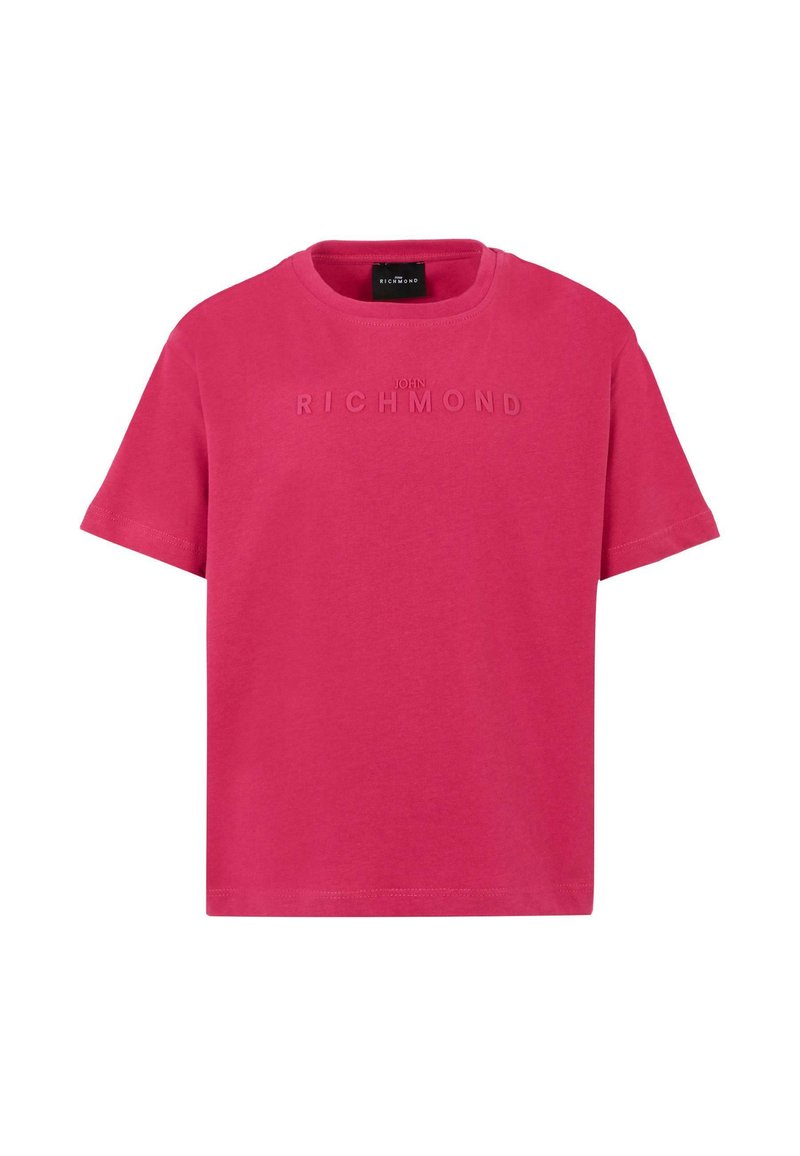 T-shirt en coton fuchsia avec un col rond et des manches courtes. Présente un logo en relief "JOHN RICHMOND" sur le devant. Texture lisse.