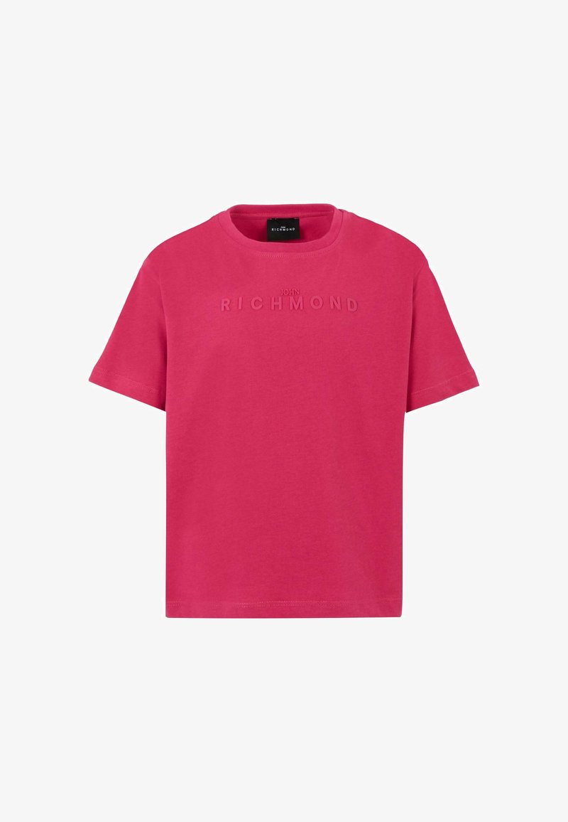 T-shirt en coton fuchsia avec un col rond et des manches courtes. Présente un logo en relief "JOHN RICHMOND" sur le devant. Texture lisse.