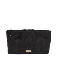 Borsa a tracolla nera intrecciata con una finitura testurizzata, dotata di chiusura a coulisse superiore e un'etichetta del marchio in tono oro sul davanti.