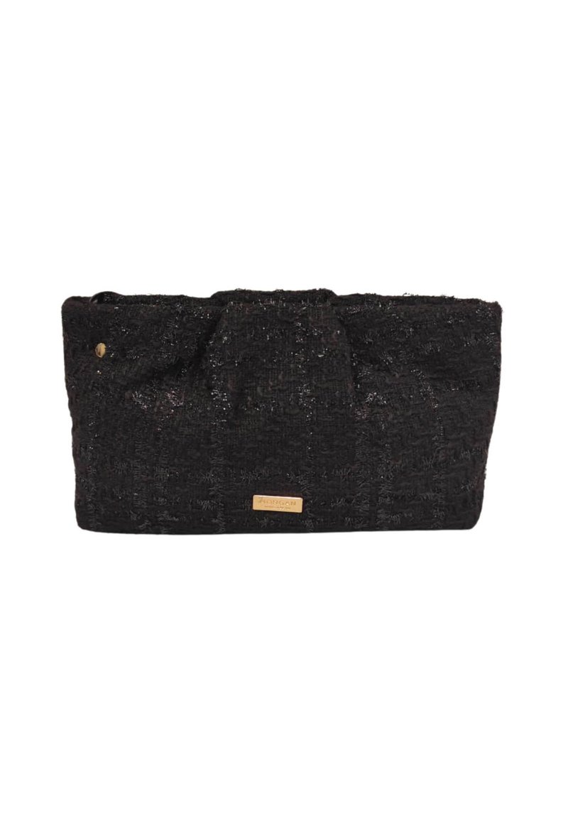 Borsa a tracolla nera intrecciata con una finitura testurizzata, dotata di chiusura a coulisse superiore e un'etichetta del marchio in tono oro sul davanti.