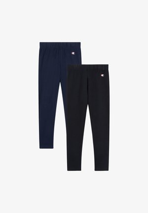 Deux paires de leggings ajustés : une marine, une noire. Les deux ont des ceintures élastiques et un petit détail logo sur le côté. Texture lisse.