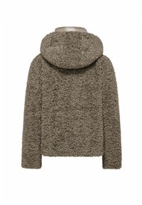 Giacca a cappuccio morbida e marrone con un'esterno testurizzato. Presenta un design accorciato e maniche lunghe. Vista posteriore semplice e priva di decorazioni.
