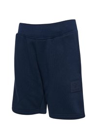 Marineblauwe sportshorts van zacht materiaal, met een elastische tailleband en een getextureerd logopatch aan de linkerkant.