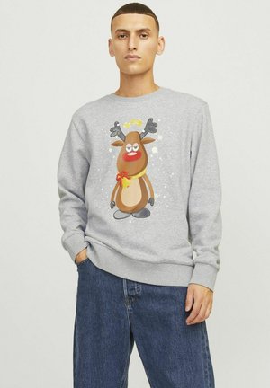 Grijze sweatshirt met een cartoon rendierontwerp, inclusief hoornen, een rode neus en een strik. Gemaakt van zachte stof met een casual pasvorm.