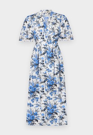 Λευκό μεσομήκες φόρεμα με μπλε και μαύρο λουλουδένιο σχέδιο, κοντά μανίκια, εμπρόσθιο μέρος με κουμπιά και λεπτομέρεια σούρας στη μέση.