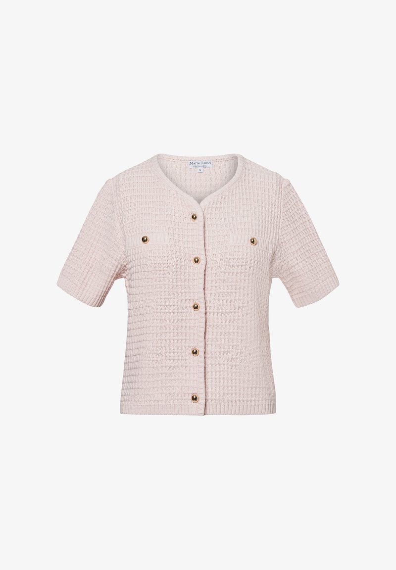Helle rosa kurzärmelige Strickjacke mit einer strukturierten Musterung, rundem Ausschnitt und sechs goldfarbenen Knöpfen. Verfügt über zwei Brusttaschen.