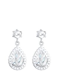 Boucles d'oreilles argentées en forme de goutte, ornées de motifs de feuilles élaborés et d'accents bleu clair. Bords texturés avec une finition polie.