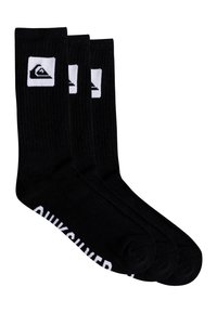 Black cotton crew socks with ribbed texture, featuring white logo on the ankle and brand name printed along the foot. Set of three pairs.