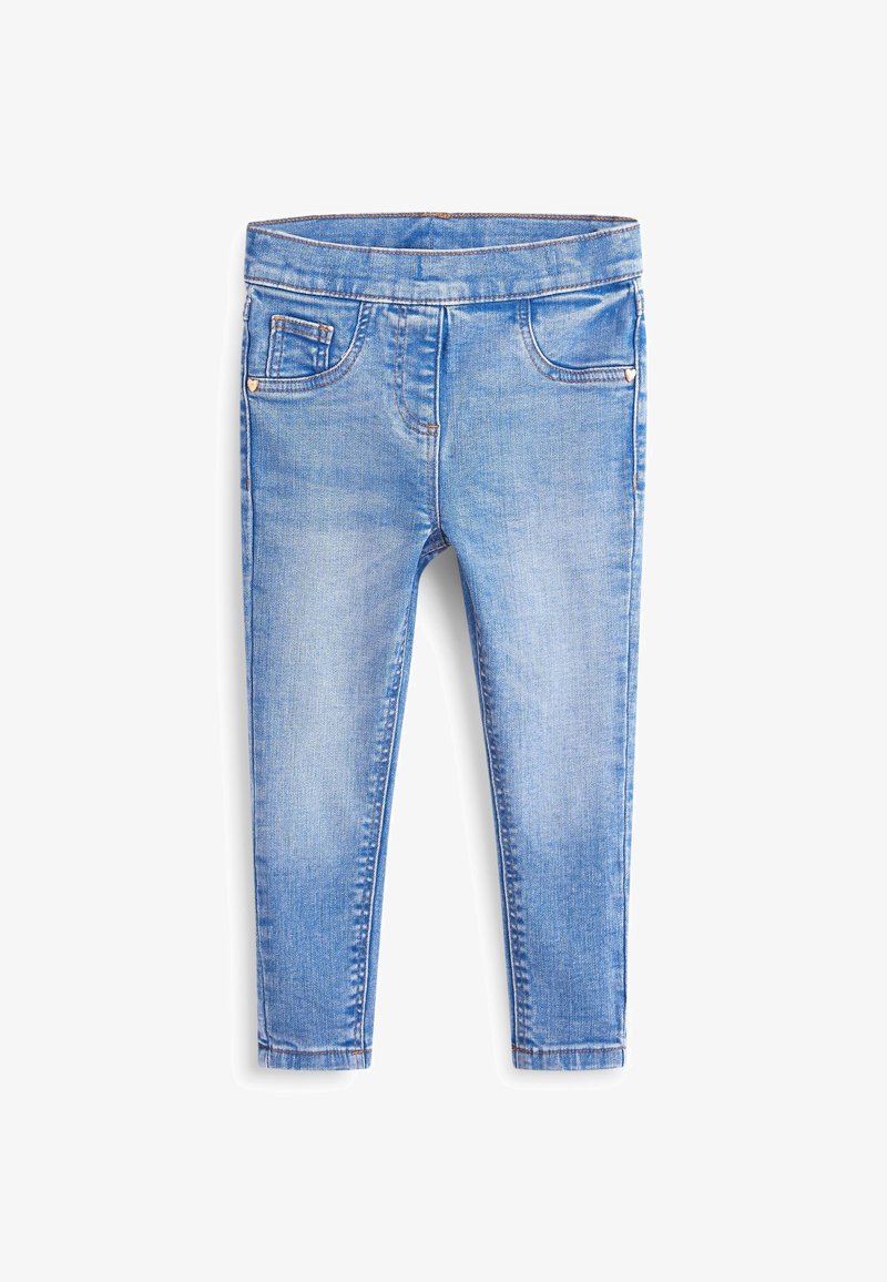 Svetlo modri kavbojki s ožjim krojem, z dvema sprednjima žepoma in minimalnimi šivi. Gladka tekstura, zasnova do gležnjev.