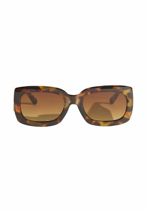 Ochelari de soare rectangulari cu model tortoiseshell, lentile maro cu gradient și rame groase, afișați pe un fundal alb.