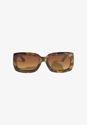 Ochelari de soare rectangulari cu model tortoiseshell, lentile maro cu gradient și rame groase, afișați pe un fundal alb.
