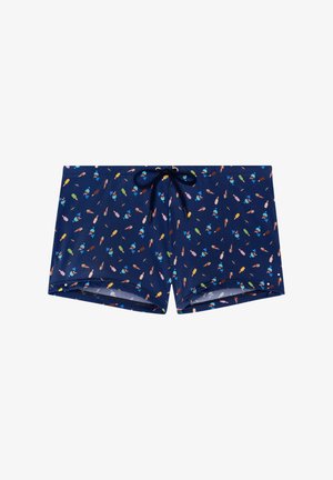 Marinefarbene Badshorts aus dehnbarem Material mit einem verspielten Muster bunter Eistüten. Mit Kordelzug an der Taille und flacher Nahtverarbeitung.