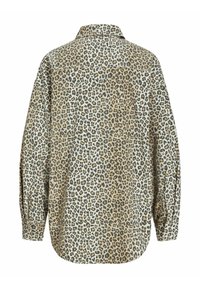 Košile s leopardím potiskem v béžové a šedé barvě, s límečkem, dlouhými rukávy a uvolněným střihem s zakřiveným lemem.