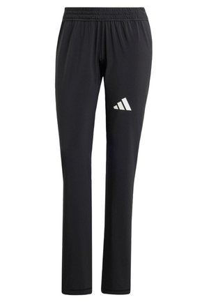 Pantaloni sportivi neri con vita elasticizzata, design a gamba dritta, texture liscia e logo Adidas bianco sulla coscia sinistra.