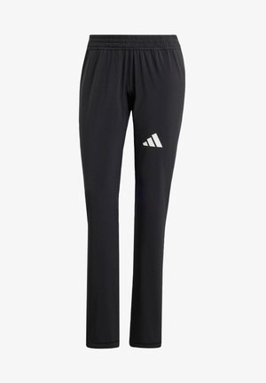 Mustad mustreeningupüksid elastse vöökoha, sirge jala disaini, siledat tekstuuri ja vasakul reitel valge Adidas logo.