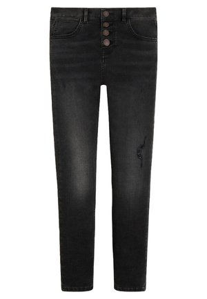 Schwarze Skinny-Jeans mit Knopfleiste, dezenten Abnutzungsspuren an den Oberschenkeln, Vorder- und Gesäßtaschen sowie ausgewaschenen Effekten.