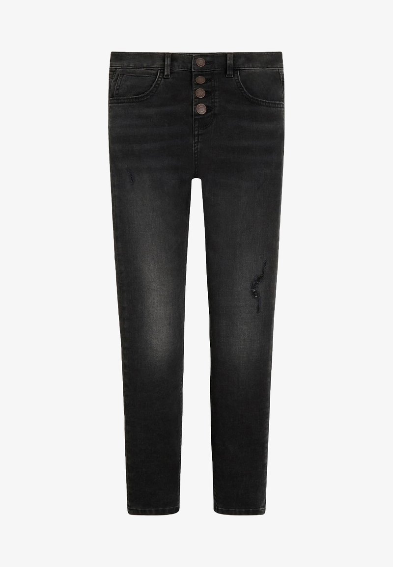 Jeans skinny neri con chiusura a bottoni, lievi usure sulle cosce, tasche anteriori e posteriori, e effetti di lavaggio sbiaditi.