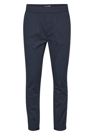 Navy blue elastic waistband trousers, featuring a smooth fabric and tapered leg design. Includes front and back pockets, and button accents at the hem.