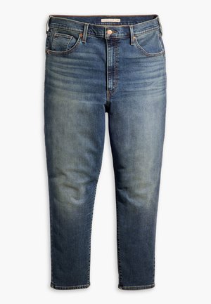 Blå denimjeans med en falmet vask, femlomme-stil, lige snit og knaplukning ved taljen.