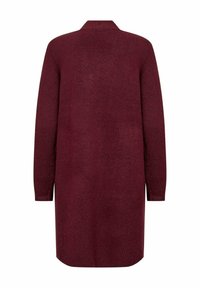 Bordeaux lange cardigan van gebreide stof, met een kraaghals, lange mouwen en een rechte snit met een iets verlengde achterkant.
