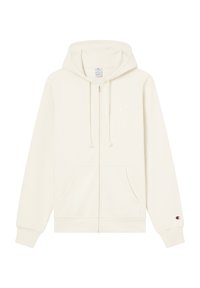 Hoodie zippé crème fabriqué en tissu doux avec une poche kangourou avant, une capuche à cordon de serrage et un accent de logo sur la manche.