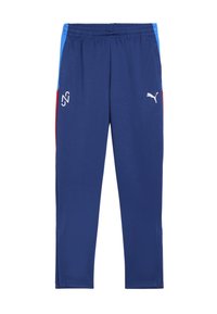 Marineblaue Sporthose mit blauen und roten seitlichen Akzenten, elastischem Bund und weißem PUMA-Logo am rechten Bein. Aus leichtem Material gefertigt.