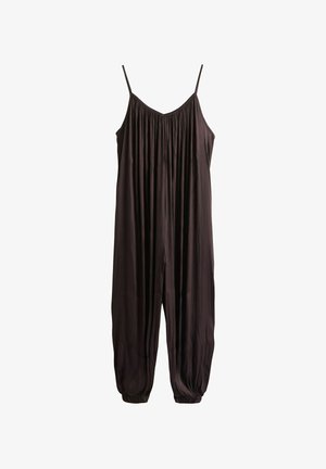 Vaļīgs tumši brūns bezpiedurkņu kombinezons ar plānām lencēm, savelkamu kakla izgriezumu un elastīgām aprocēm potītēs.