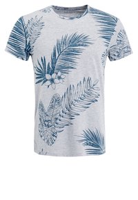 Grå t-shirt med et blåt tropisk blad-mønster. Korte ærmer, klassisk rund hals-design, lavet af letvægts bomuldsstof.