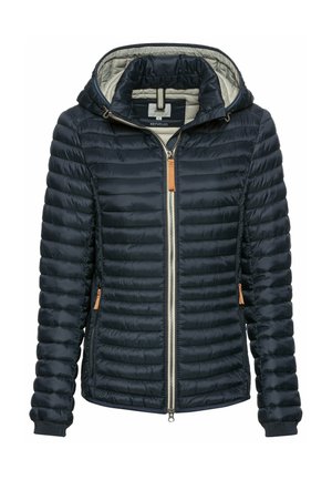 Marineblaue gesteppte Kapuzenjacke mit Frontreißverschluss, zwei Reißverschlusstaschen an den Seiten und leichtem Innenfutter.