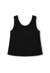 Zwarte, mouwloze tanktop gemaakt van zachte stof. Heeft een ronde halslijn en een losse pasvorm, met een gladde textuur en zonder patronen of accenten.